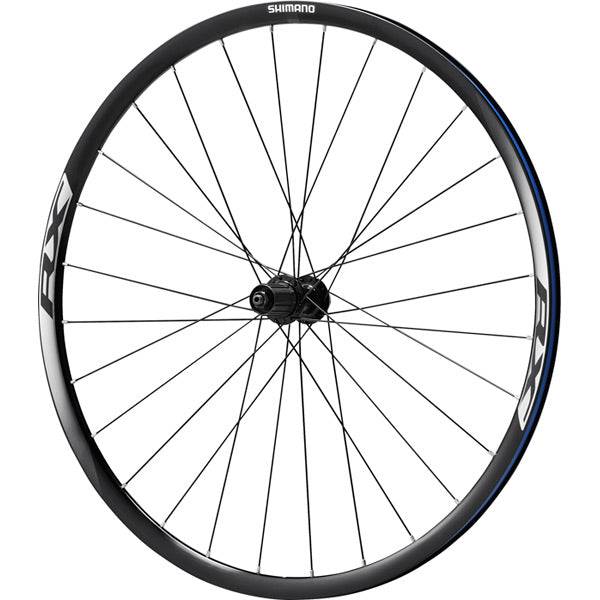 Shimano WH-RX010 700C disc road wheel with 24mm rim and Centre-Lock rotor mount, suitable for clincher tires and road cycling.
