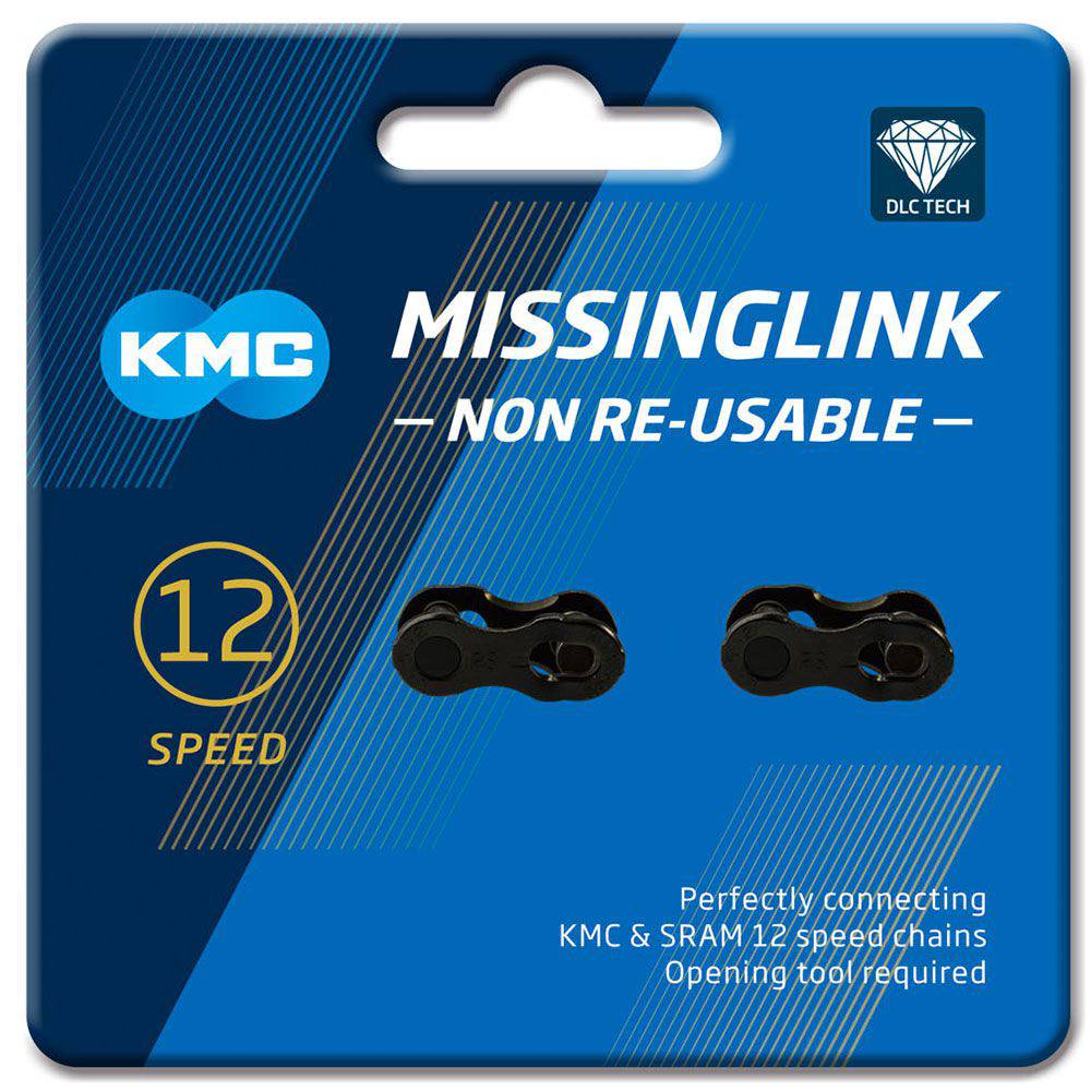 KMC Missinglink 12X DLC non-reusable chain link for 12-speed bicycle chains, component for bike maintenance and repairs.