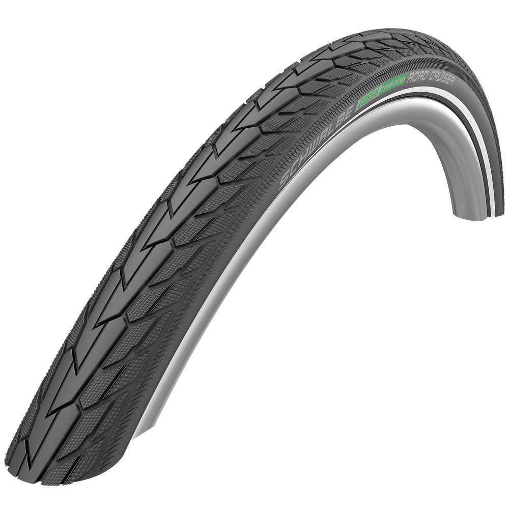 Schwalbe Road Cruiser K-Guard urban bike tyre with green compound technology, showcasing durable tread and sidewall details.