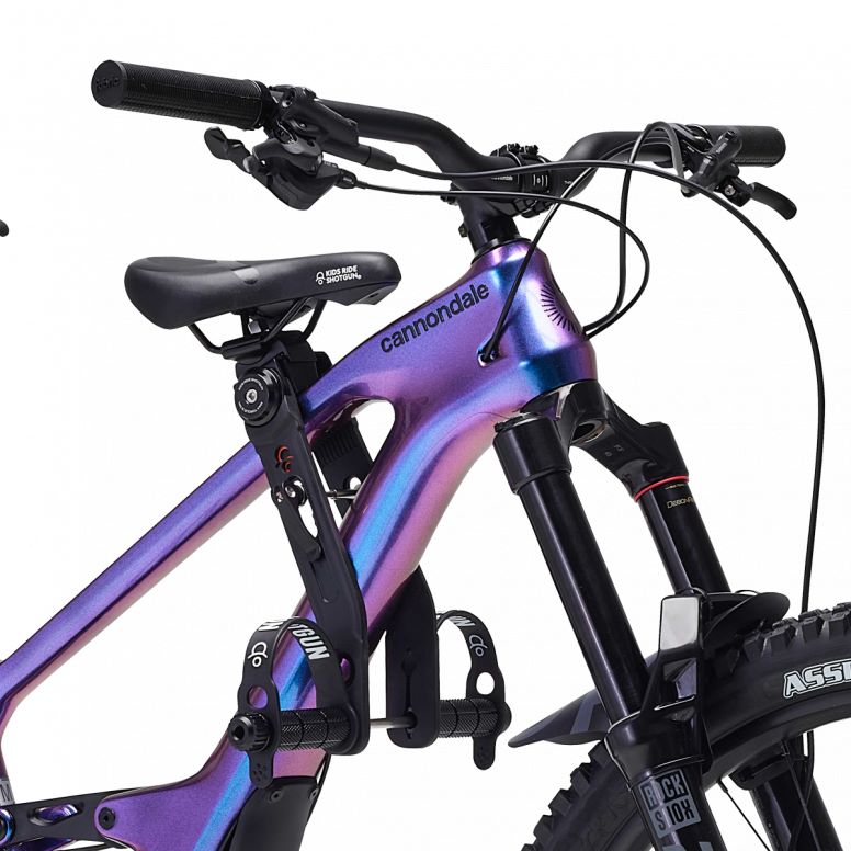 Black Kids Ride Shotgun 2.0 child bike seat frame mount for kids, shown as a sleek accessory for safe bike riding.