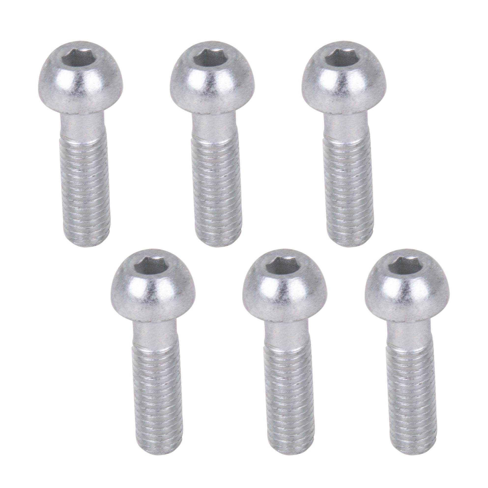 Six black Thomson replacement stem bolts for bike stems, durable spare hardware components for bike maintenance and repair.