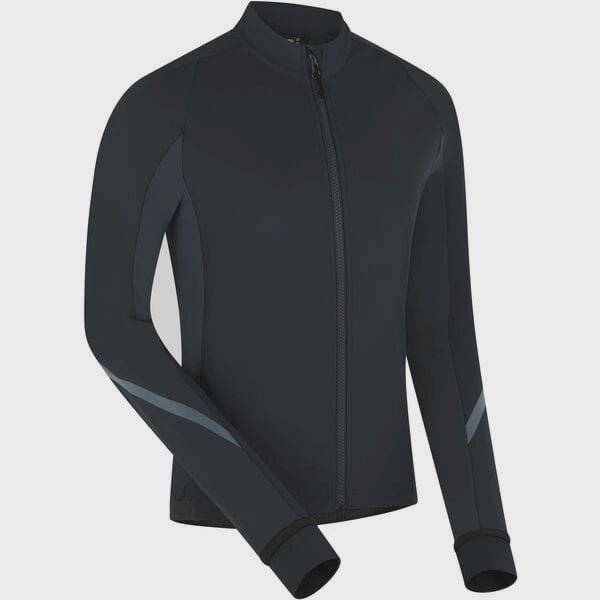 Madison DTE Women's thermal long sleeve cycling jacket with DWR coating, shown in black with reflective details for outdoor riding.