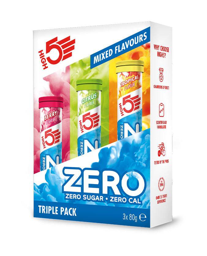 High5 ZERO electrolyte tablets triple pack in a box, sugar-free hydration effervescent accessories for active hydration.