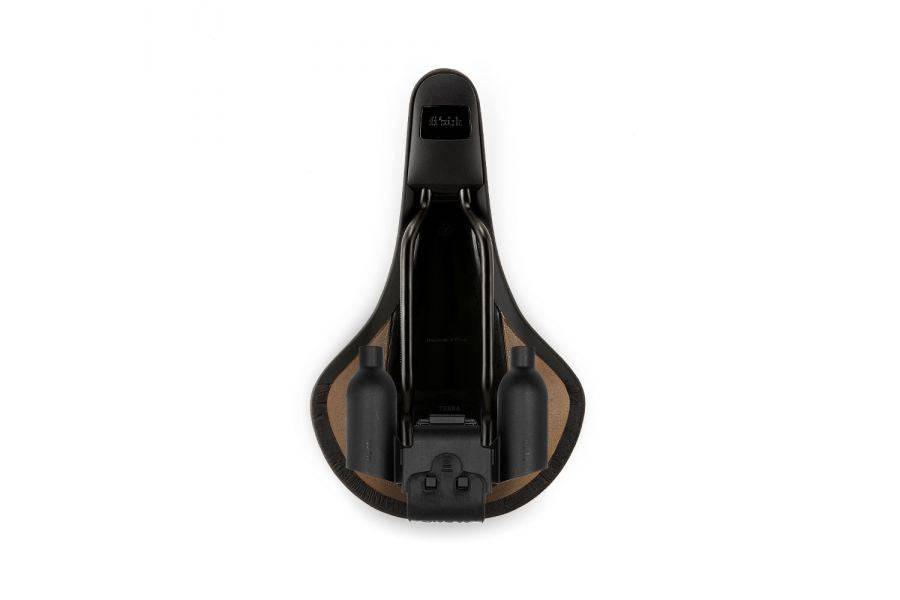 Fizik Terra Alpaca X5 MTB saddle in black with Mobius S-Alloy rails, 145mm width, shown with included tool kit.