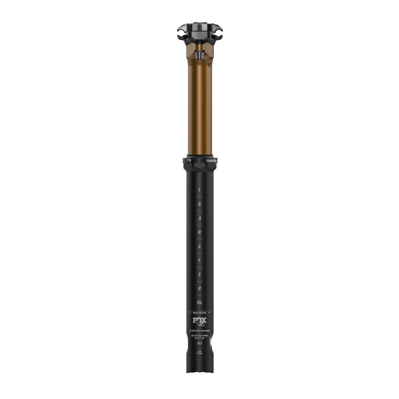 Fox Transfer SL Factory dropper seatpost for gravel and XC racing, showing the sleek black component with travel options.