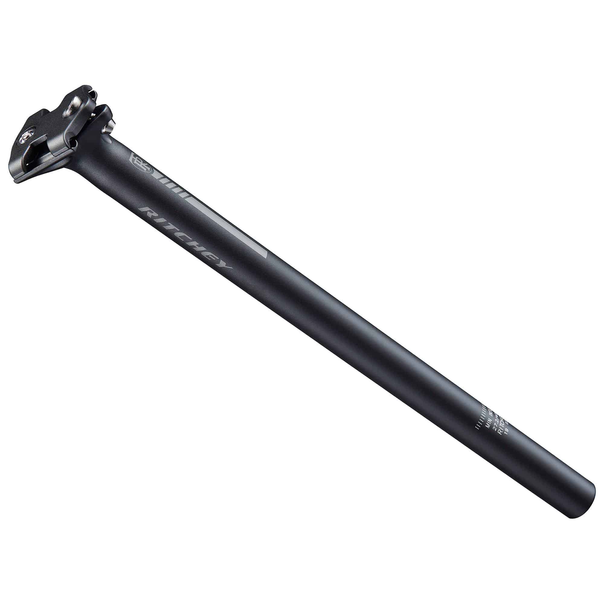Ritchey Comp Zero bike seatpost with 2-bolt clamp, 27.2-31.6mm diameter, showing sleek black design and clamp mechanism.