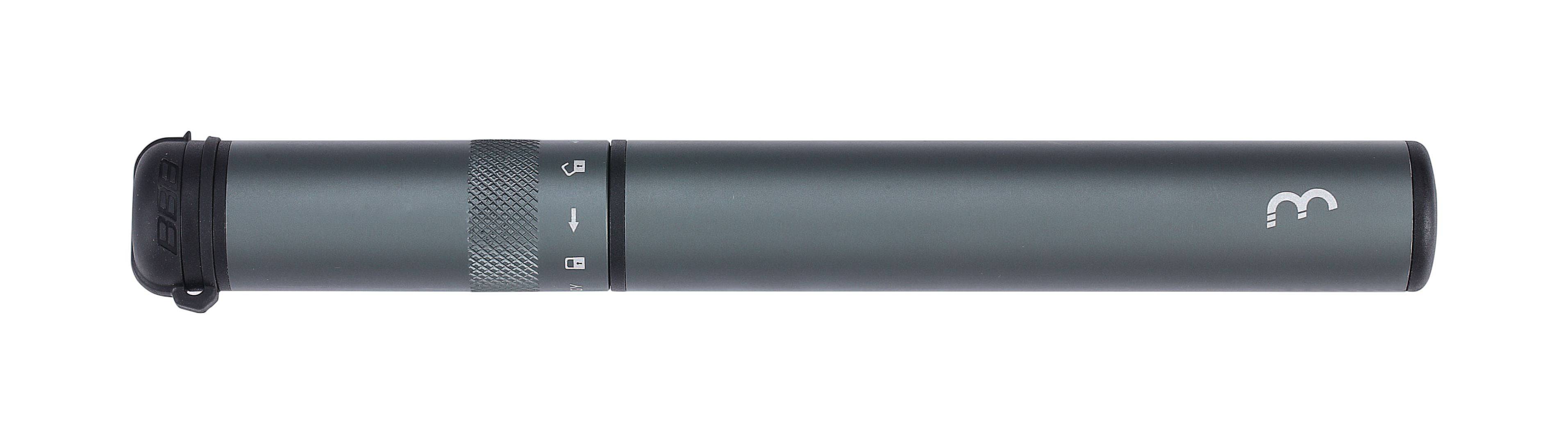 BBB BMP-50 Samurai telescopic mini bike pump in grey, 210mm, designed for high-pressure bicycle inflation, compact accessories.