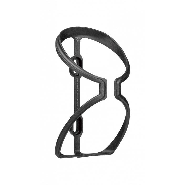 Topeak Feza Cage V1 black carbon fiber bike water bottle cage holder attached to a bicycle frame.