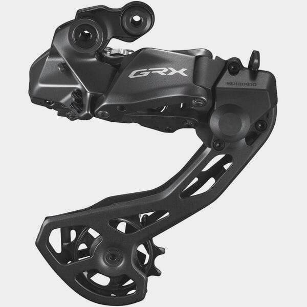 Shimano GRX RD-RX825 Di2 12-speed Shadow+ rear derailleur for double 36T bike components, showcasing the sleek black design