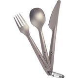 Lifeventure Superlight Titanium Cutlery Set showing a compact, lightweight outdoor travel cutlery set with fork, knife, and spoon.