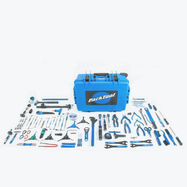 Park Tool BRK-1 Big Rolling Kit with BX-3 Toolbox for professional bike repairs, including various workshop tools and accessories.