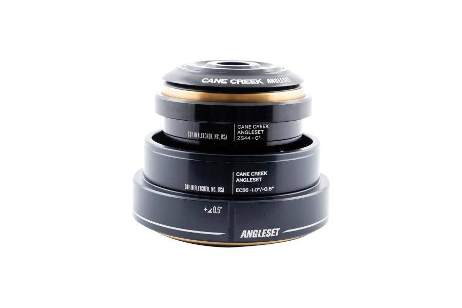 Cane Creek AngleSet threadless headset in black, ZS44/28.6 EC56/40, with 13mm adjustable spacers, shown on a bike component.