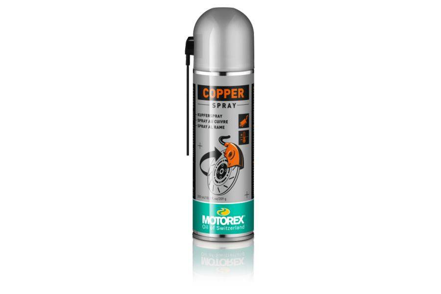 Motorex Copper Spray lubricant for high-heat brake pads and exhaust, workshop use, in a spray bottle.