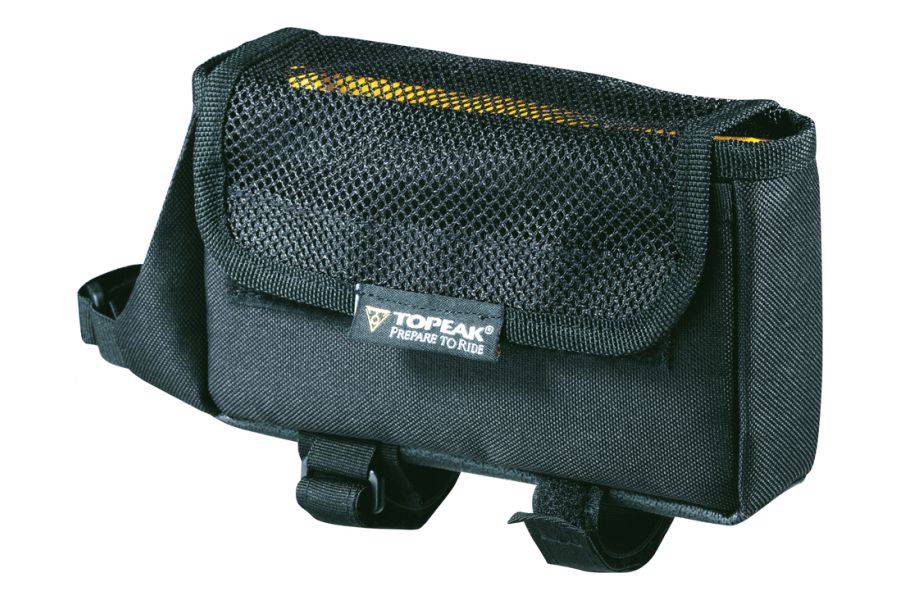 Large black Topeak Tri Bag top tube pack for cycling and triathlon rides, mounted on bike frame for easy access.