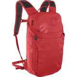 EVOC Ride 8L backpack in true red with hydration bladder and helmet transport flap, designed for cycling accessories.