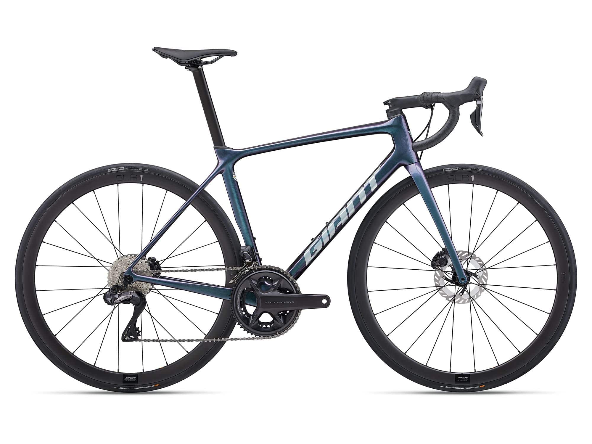 Giant TCR Advanced Pro Disc 0 Di2 road bike with Shimano Ultegra electronic shifting, black and red frame, top-down view.