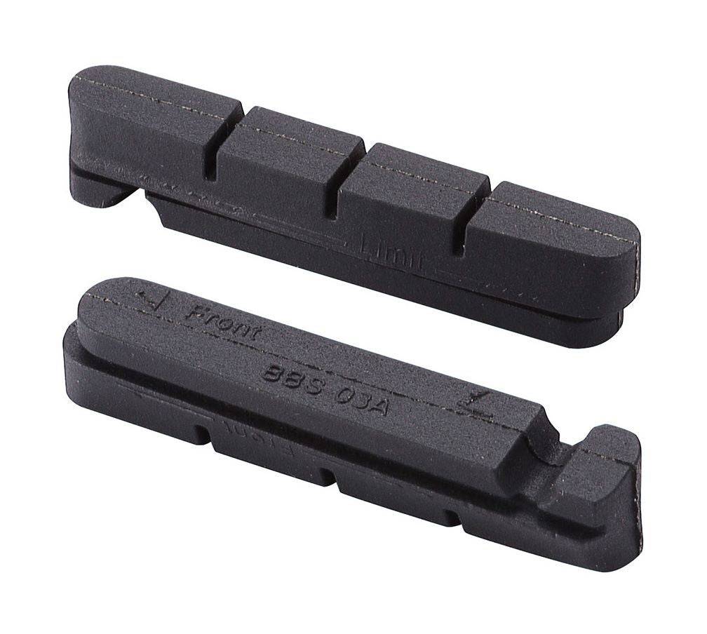 Pair of BBB Roadstop Shimano BBS-03A cartridge brake pads for bike disc brakes, shown in close-up.