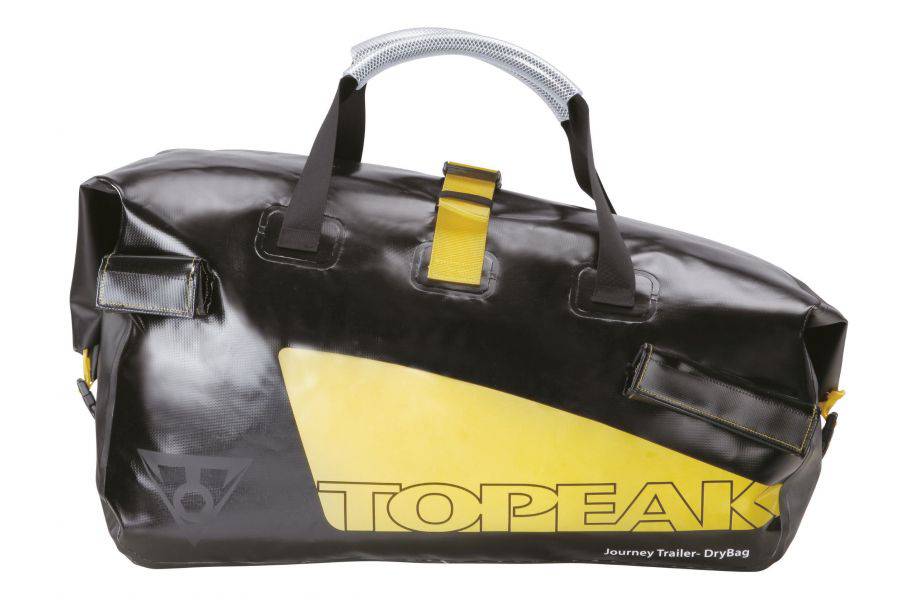Topeak Journey Trailer waterproof drybag in black and yellow, durable bike trailer accessory with secure roll-top closure.