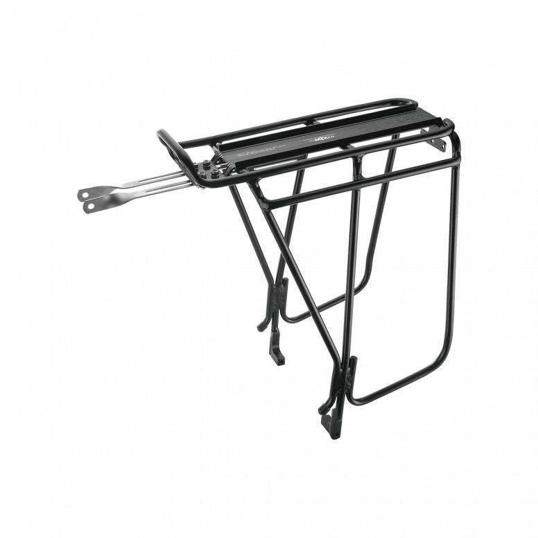 Topeak Super Tourist DX F/Disc 2.0 rear rack in black for 26-29 inch wheels, compatible with MTX bike accessories.