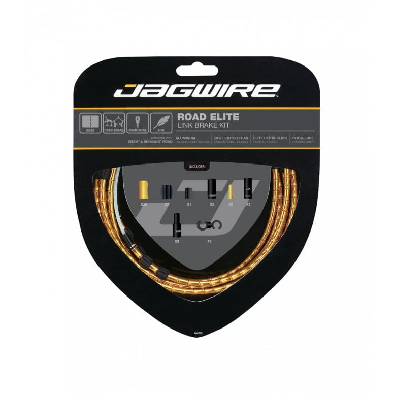 Jagwire Elite Link road bike brake cable kit with aluminum link housing, showing cables and housing components for bike braking system.