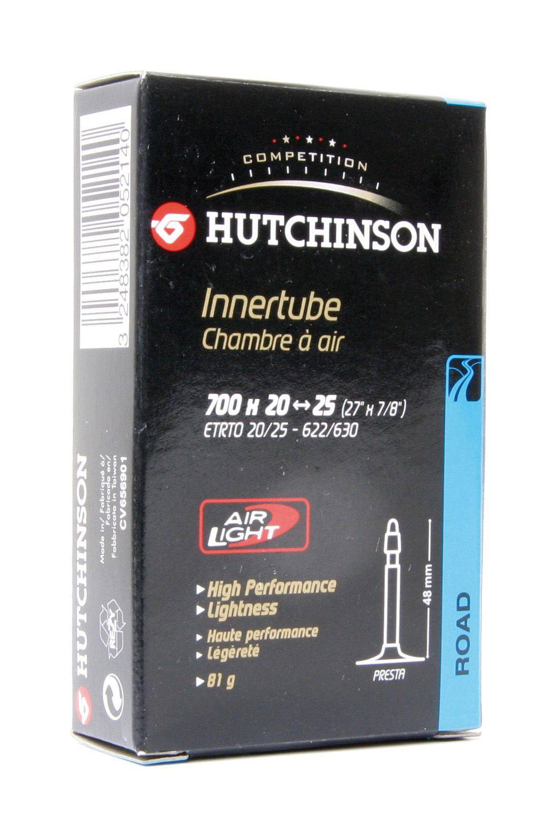 Hutchinson TD Air Light road bike tube 700x20-25 with 48mm Presta valve, shown inflated with valve visible.