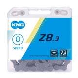 KMC Z8.3 silver and grey 7.3mm bike chain with 114 links for 6-24 speed bicycle drivetrains, close-up view of the chain links