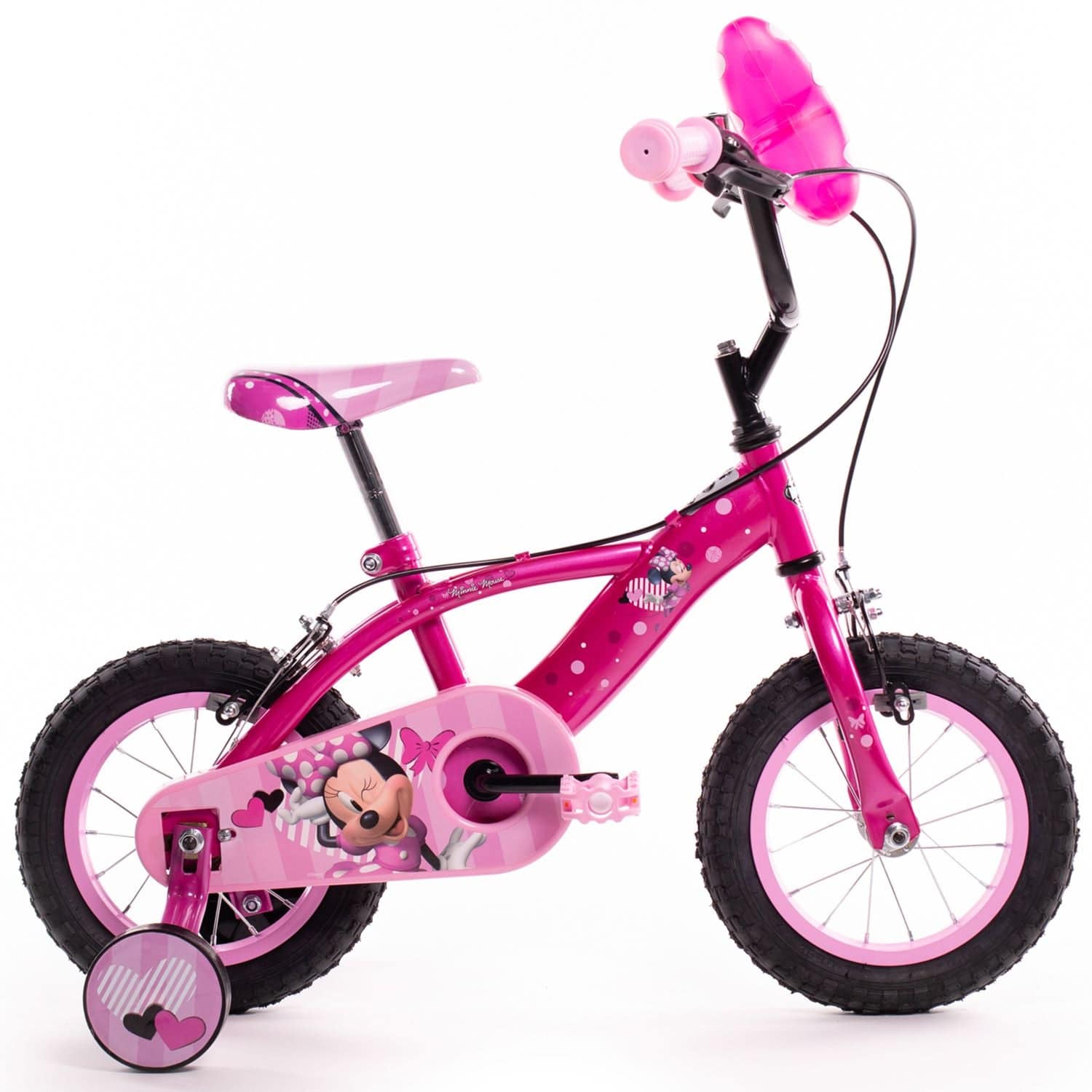 Huffy Disney Minnie 12-inch kids' beginner bike with pink frame, training wheels, and colorful Minnie Mouse design for young children.