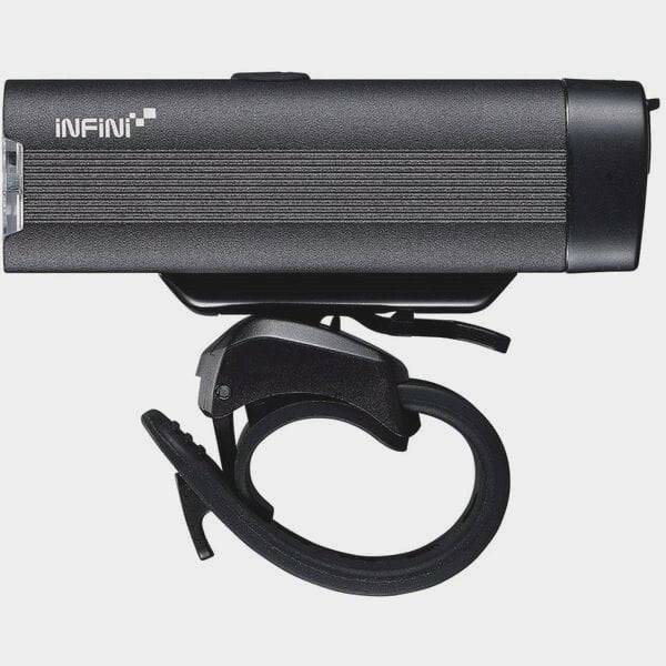 Infini KOR 800 front bike light with 800 lumens, rechargeable USB, and five lighting modes, mounted on a bicycle.
