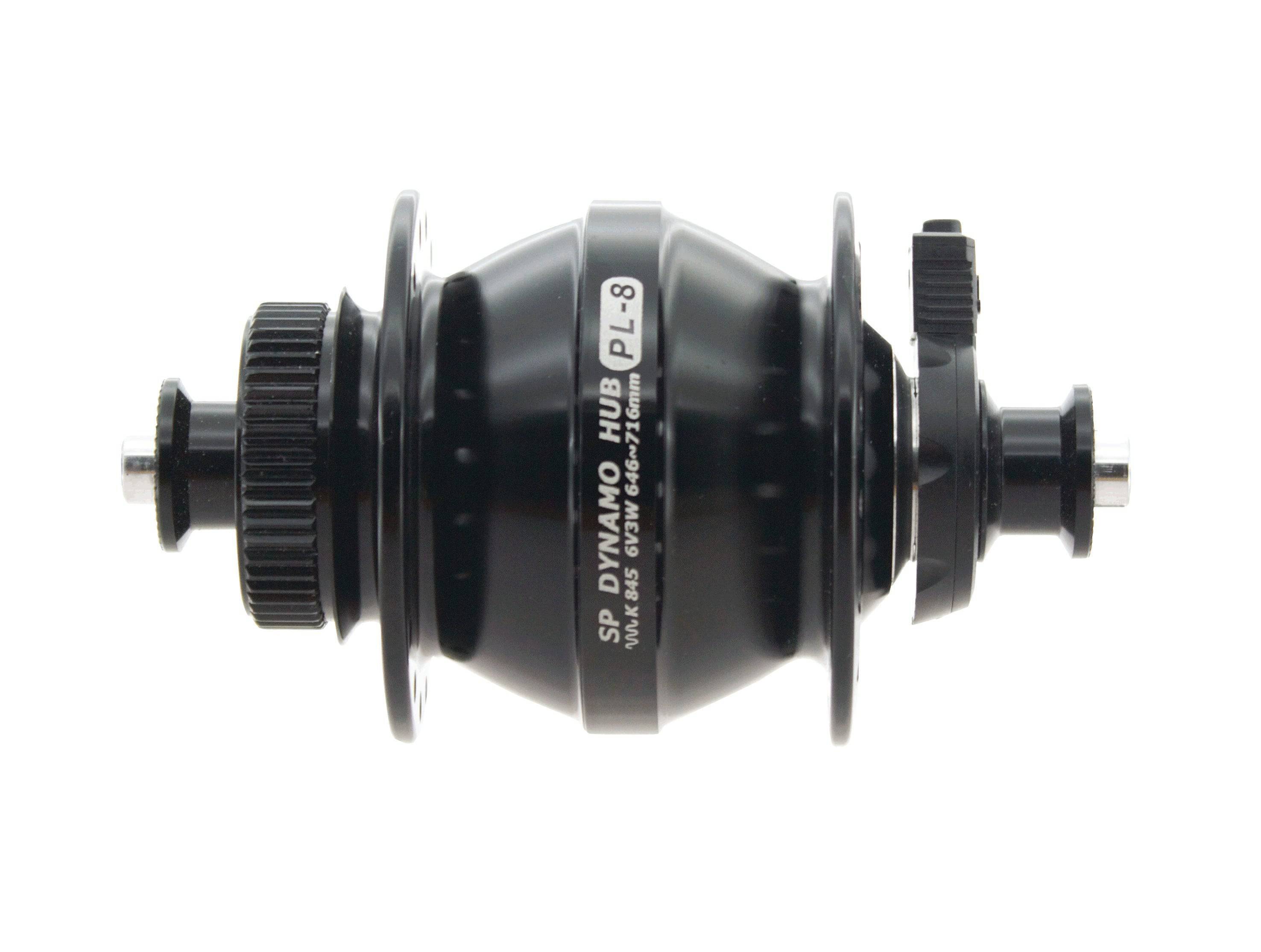 SP PL-8 Power Dynamo hub mounted on bicycle wheel, used for bicycle lighting and accessories, reliable cycling component.