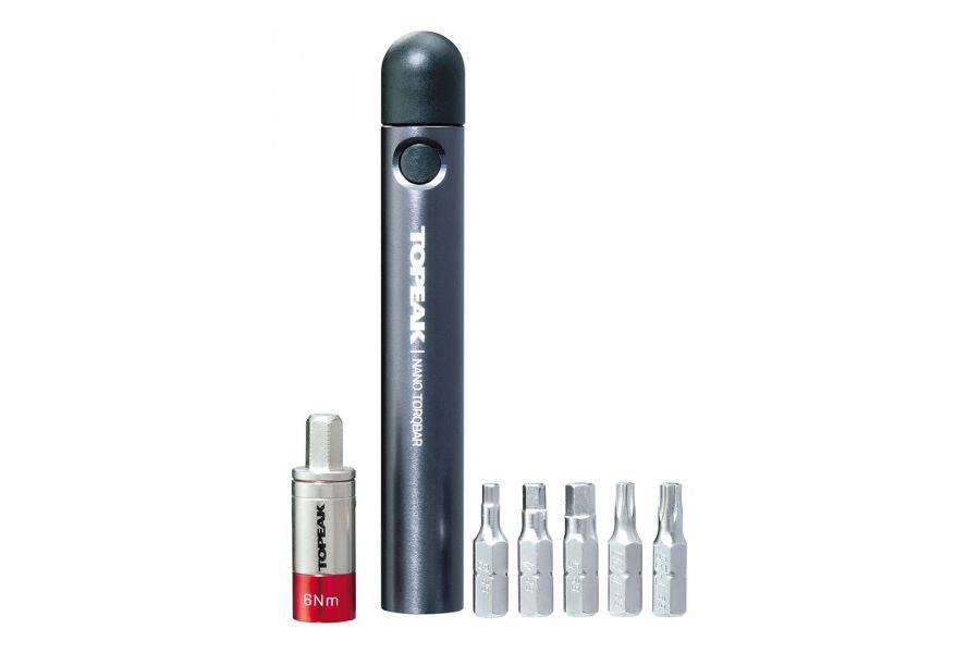 Topeak Nano TorqBar compact preset torque wrench with five tool bits, used for bicycle maintenance and adjustments.