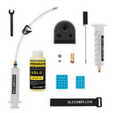 Shimano Premium Road Brake Bleed Kit by Bleedkit with gold components and brake fluid for precise bicycle brake maintenance.