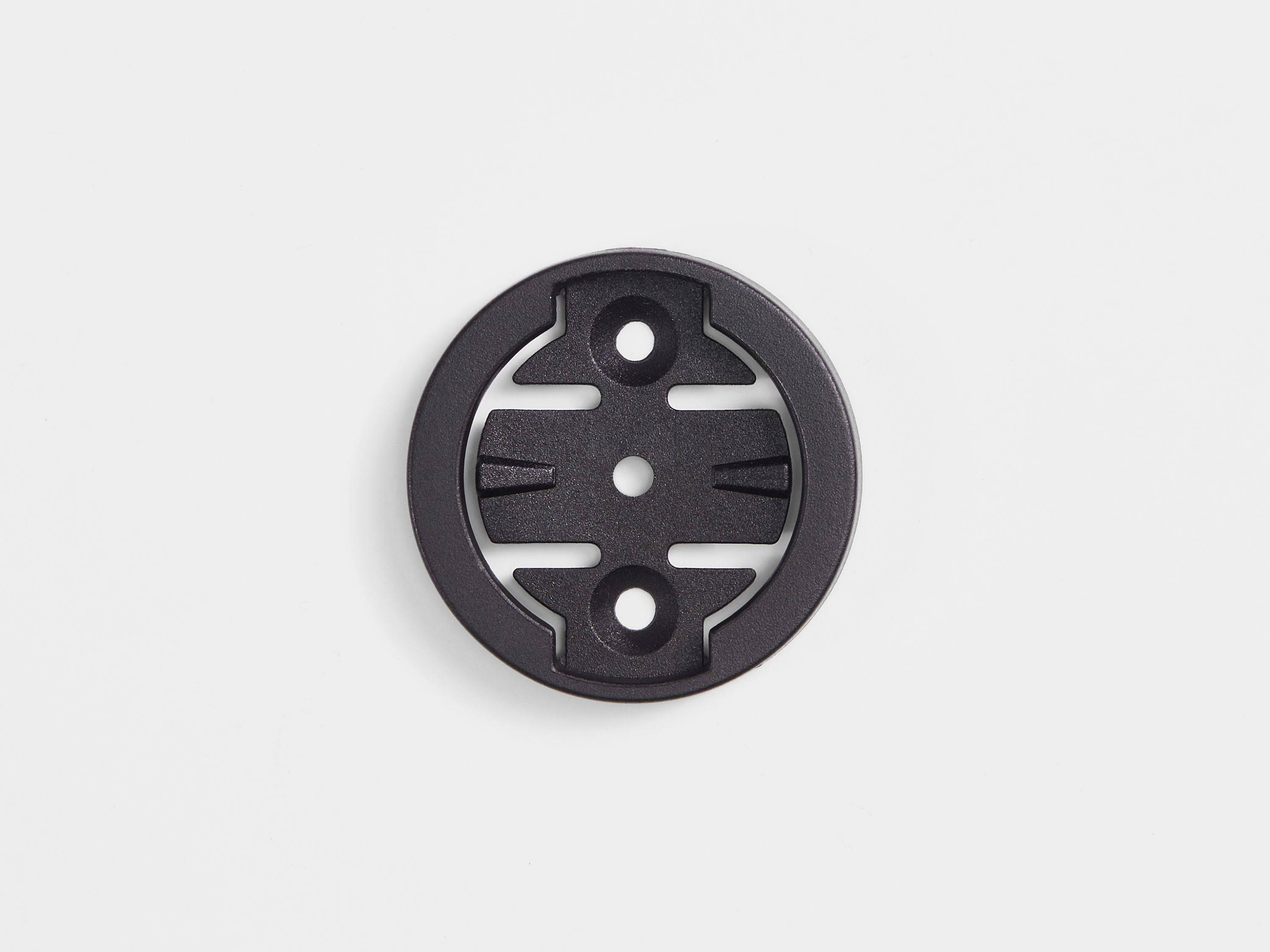 Black Bontrager Pro Blendr Garmin Adapter Puck for Blendr stem mounts, designed for easy Garmin device attachment.