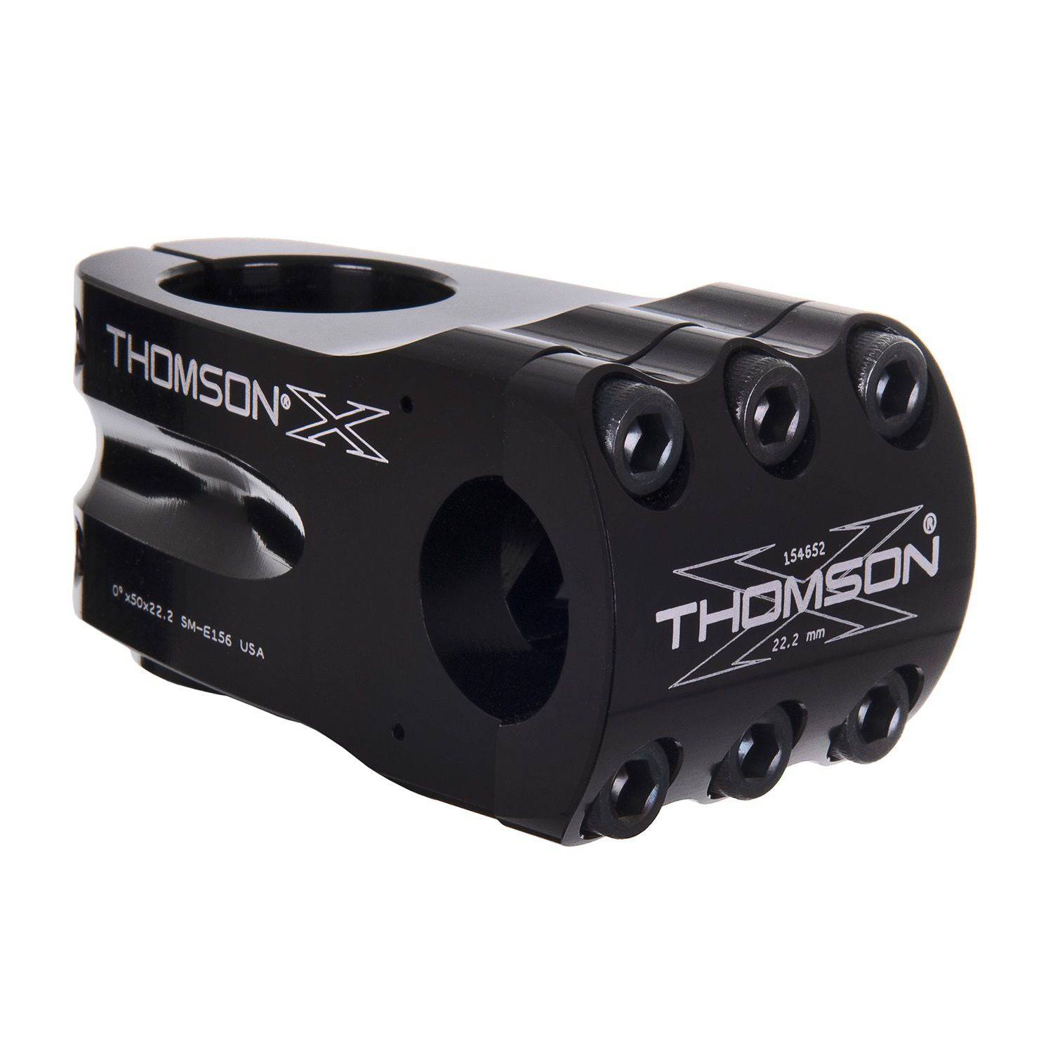 Black Thomson Elite BMX stem with 50mm length, 0° angle, 22.2mm clamp, designed for BMX handlebar components