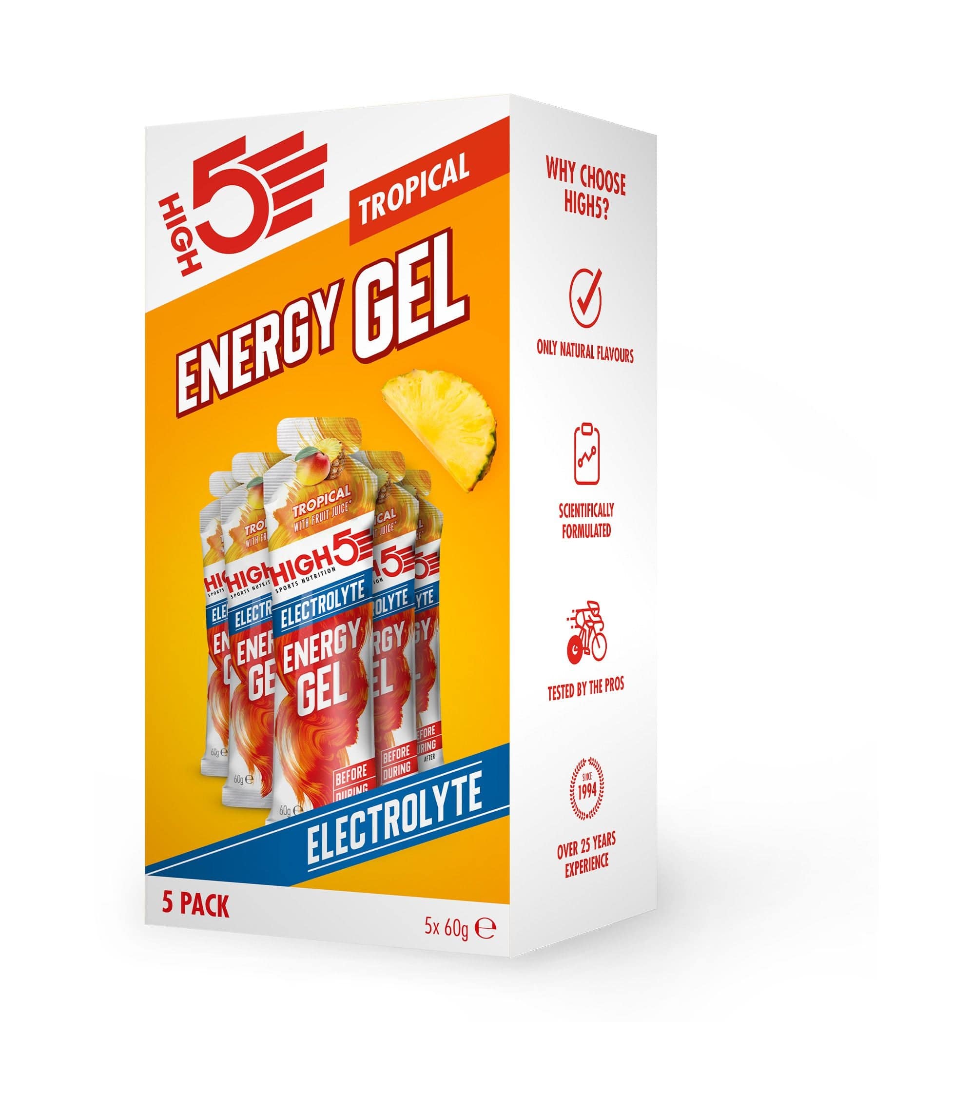 High5 Energy Gel Electrolyte 60g with raspberry and tropical flavors, endurance fueling accessories for active athletes.