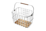 Brooks Hoxton Silver bike basket with wooden base and Klickfix mounting system, designed for bicycle accessories.