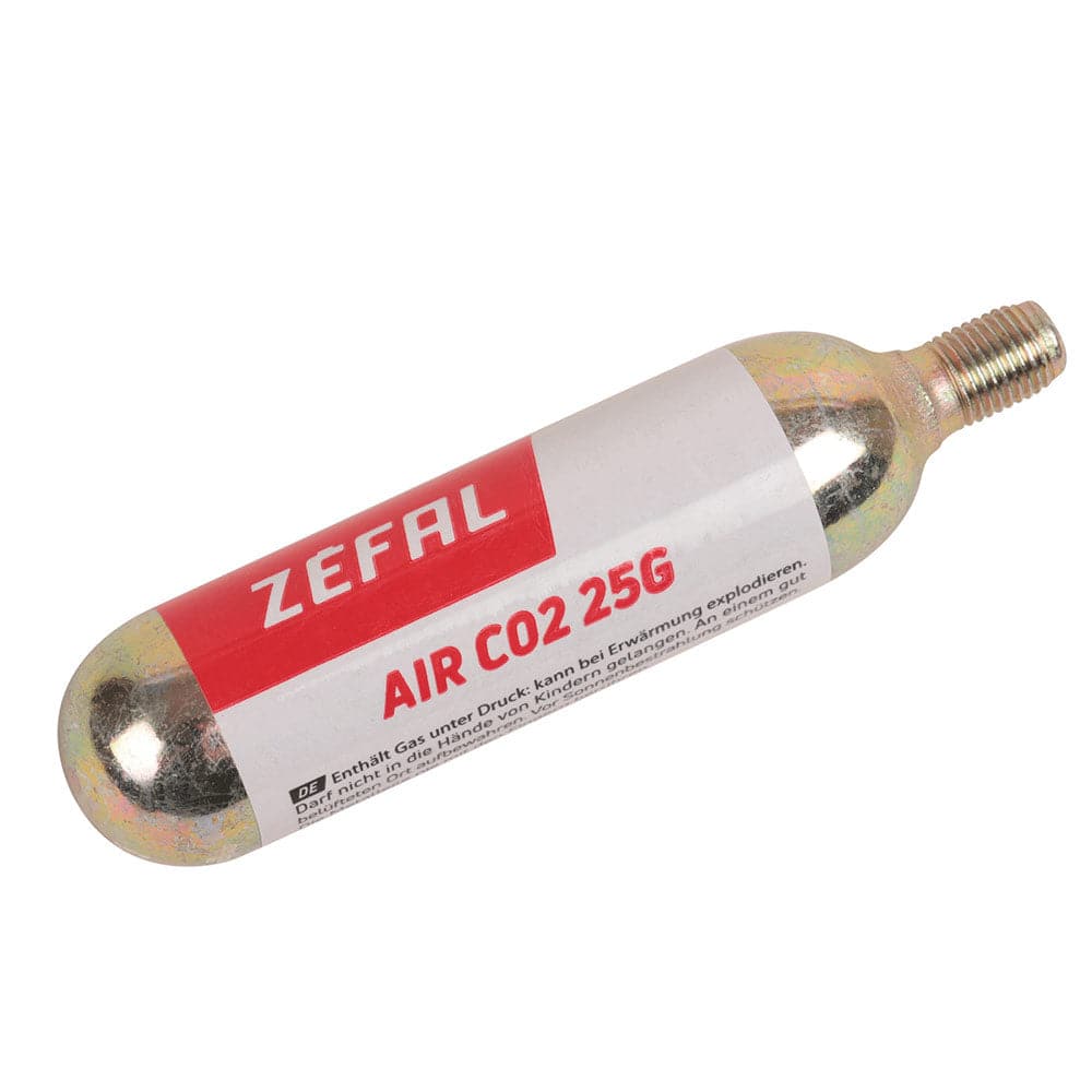 Zefal threaded 25g CO2 cartridges for bike tire inflation, shown with mounting accessories, ideal for quick tire repairs.