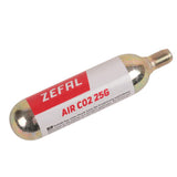 Zefal threaded 25g CO2 cartridges for bike tire inflation, shown with mounting accessories, ideal for quick tire repairs.