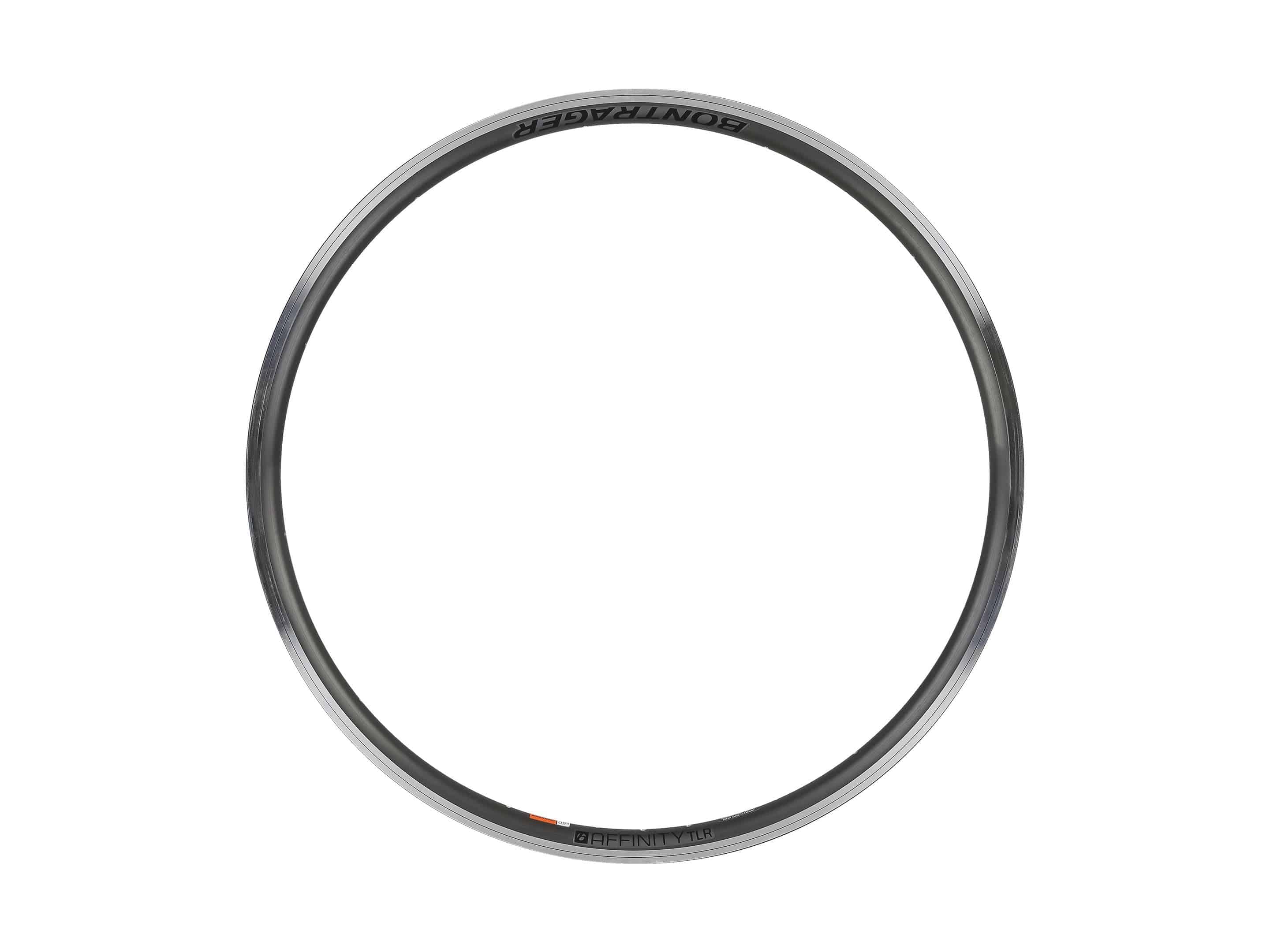 Bontrager Affinity TLR 700c road bike rim in black, suitable for front or rear wheel, with 24-hole design for road cycling.