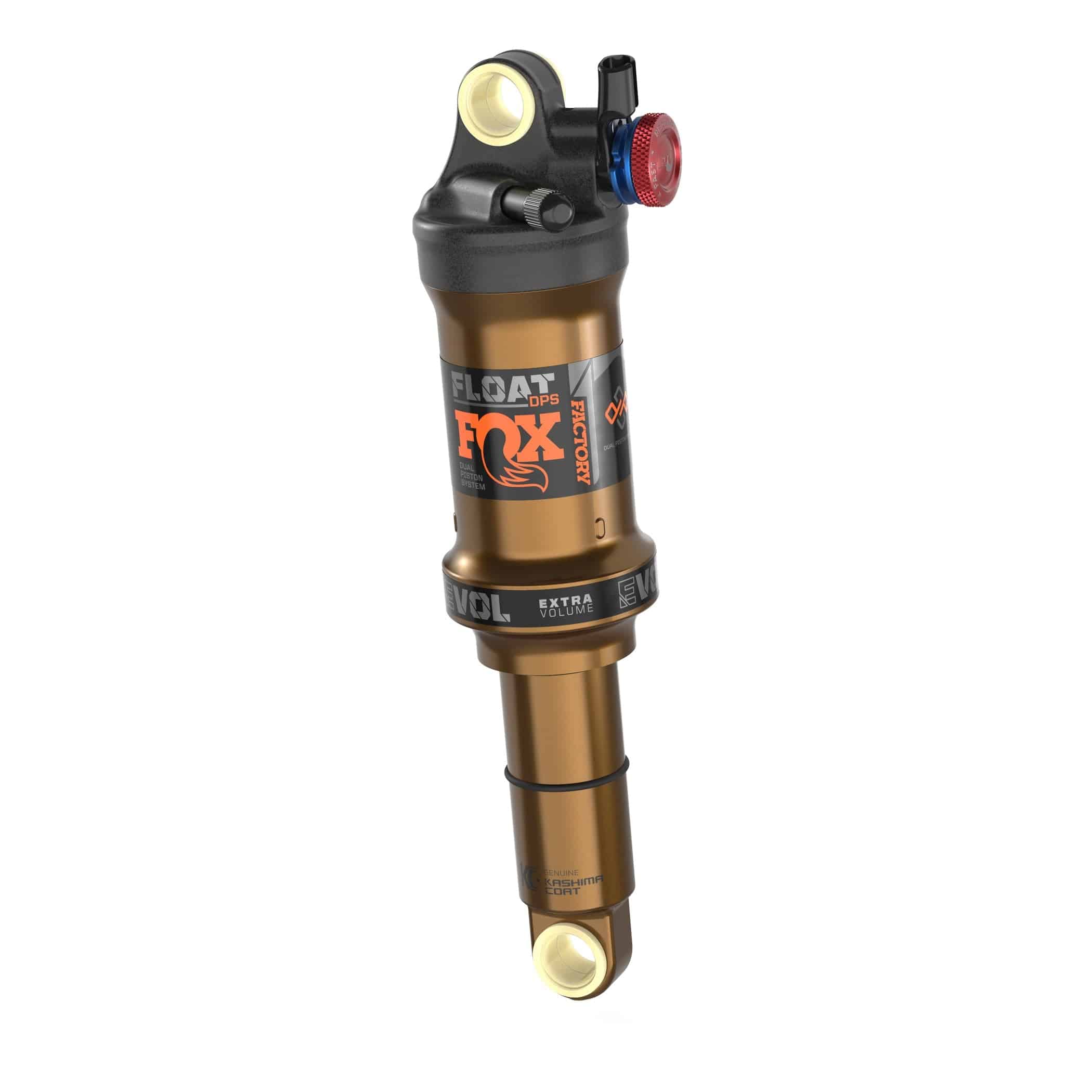 Fox Float DPS Factory remote rear shock with Kashima coating and 3-mode suspension for mountain bikes.