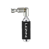 Lezyne Trigger Drive CO2 inflator pump with twin chuck for Presta and Schrader valves, shown with inflator and valve adapters.