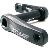 Praxis Works Zane Youth DM M30 Cranks for mountain biking, showing black short crank arms with branding, suitable for kids' MTB bikes.