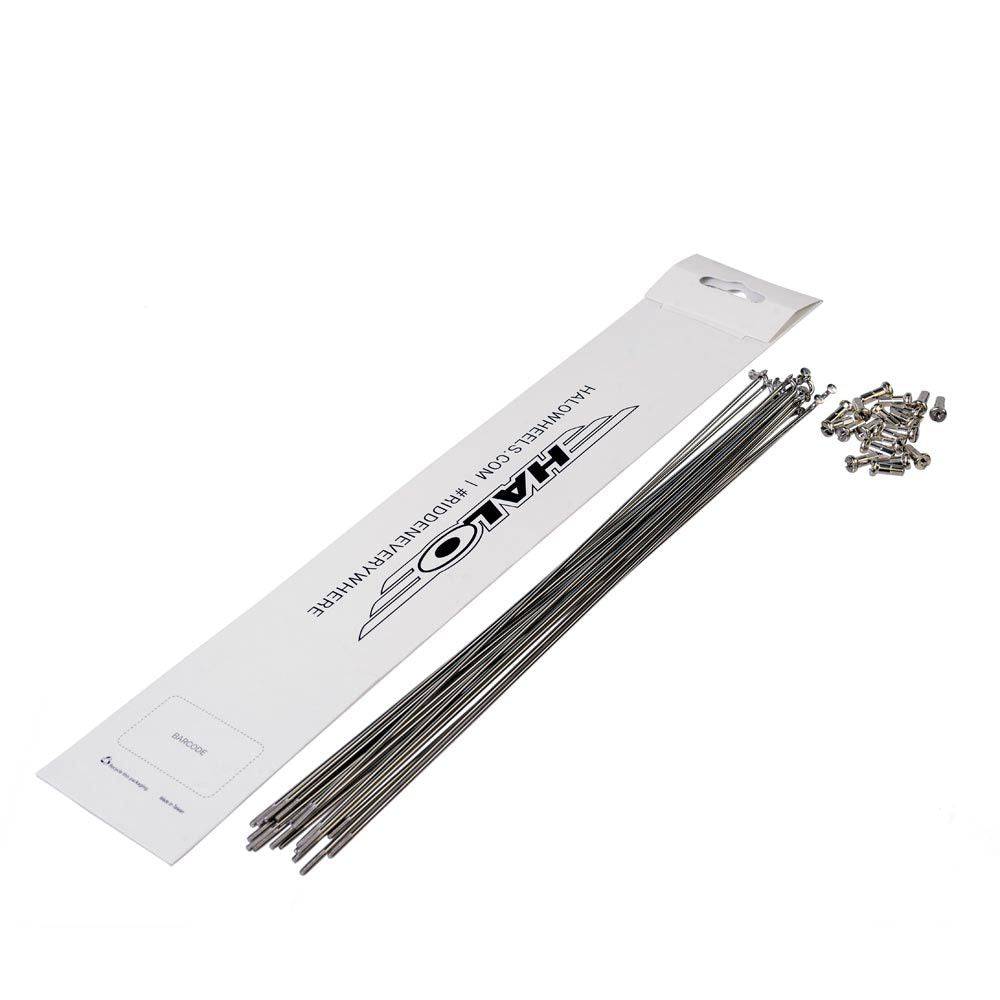 Halo stainless steel bicycle spokes with silver nickel brass nipples for durable wheel builds, shown in a close-up of the component.