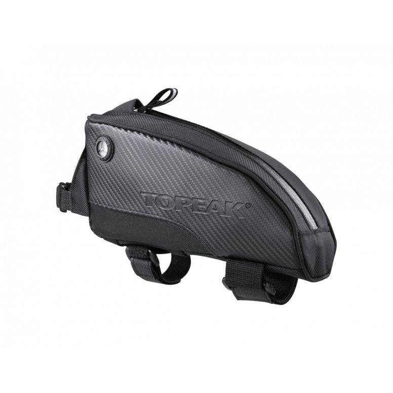 Topeak Fuel Tank top tube bag with cable access for cycling essentials, mounted on a bike frame.