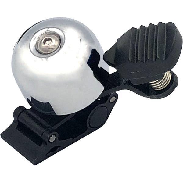 M Part Cable Fit Mini Bell in silver, an adjustable bike bell designed for brake and gear cables on bicycles.