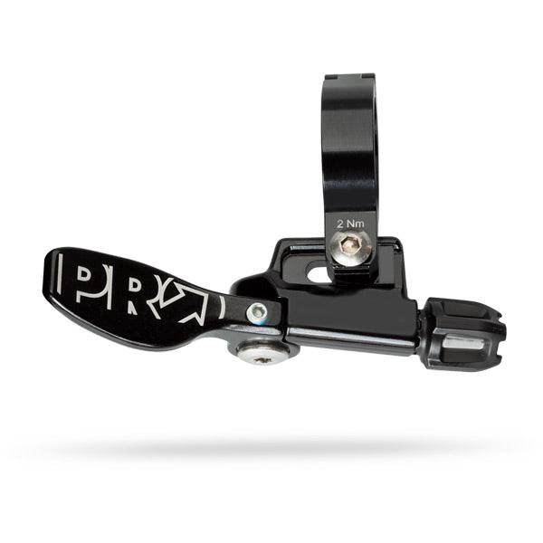 PRO MTB dropper seatpost with left-hand lever for smooth height adjustment, designed for mountain biking components.