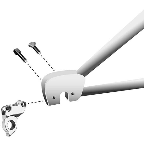 Durable M Part gear hanger for Cannondale bikes, replacement component, shown attached to bike frame in close-up image.