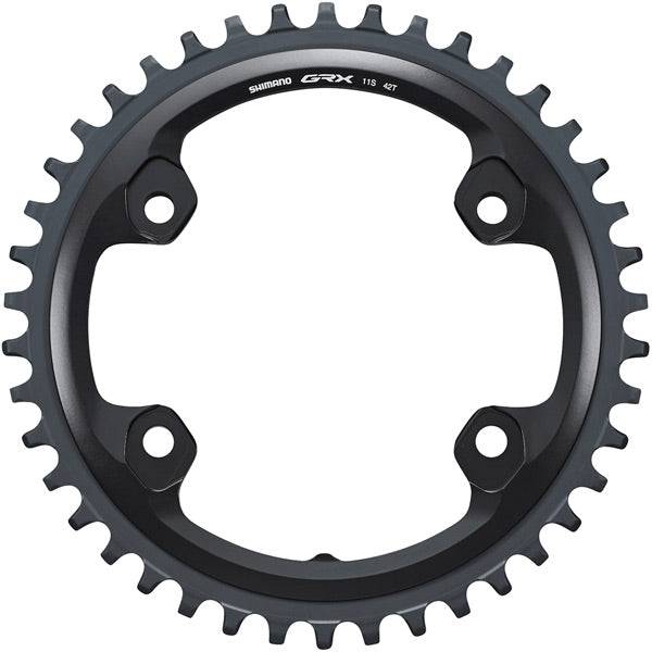 Shimano GRX FC-RX810-1 42T 11-speed single chainring for gravel bike components, featuring a black finish and teeth design.