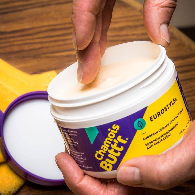 Chamois Butt'r Eurostyle cooling anti-chafe cream for cyclists with menthol and witch hazel, shown in a tube.
