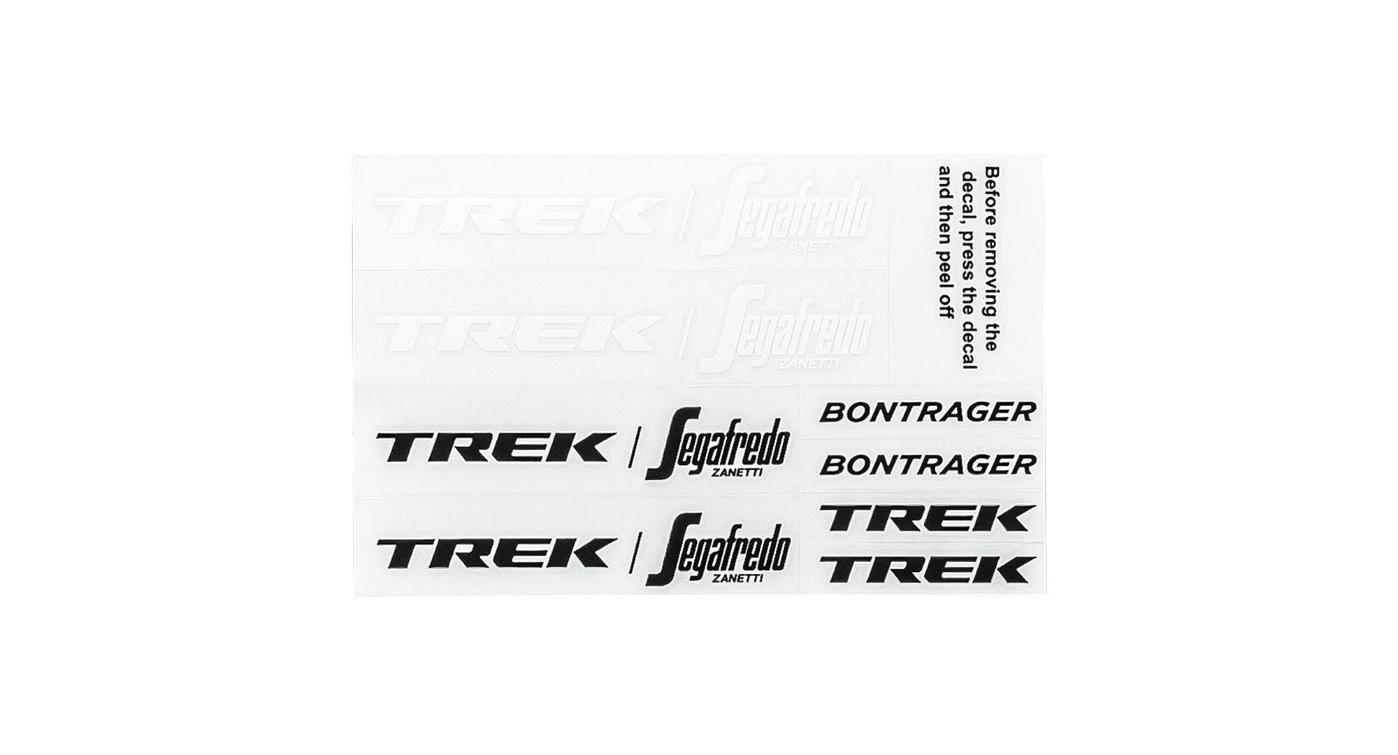Bontrager XXX WaveCel helmet decals with Trek-Segafredo branding in black and red on a helmet, designed for cycling helmets.