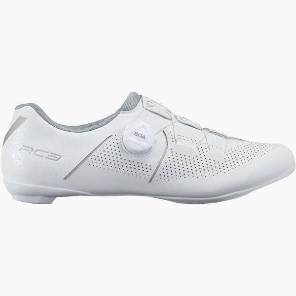 Shimano RC3W women's road cycling shoes with BOA L6 dial and reflective prints, designed for comfortable cycling performance.